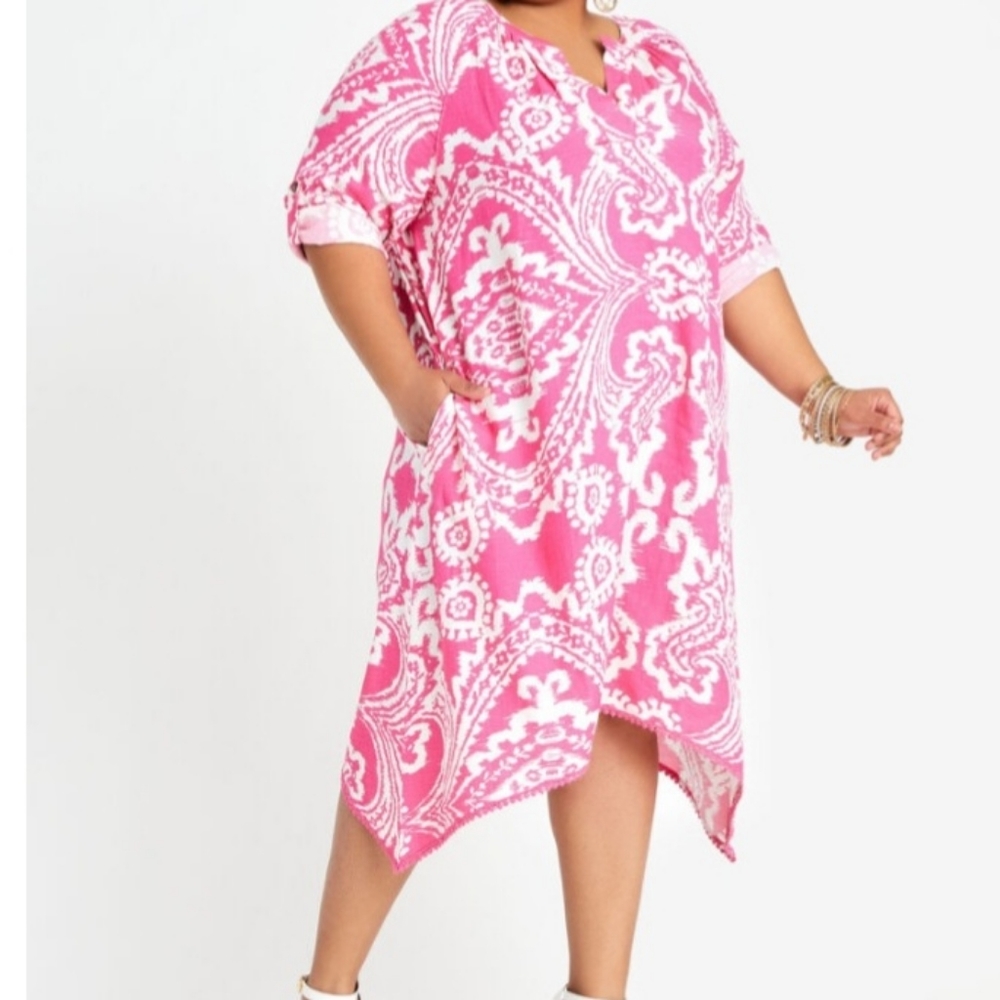 NWOT Ashley Stewart Pink White Paisley Print Cotton Asymmetric Dress Siz…